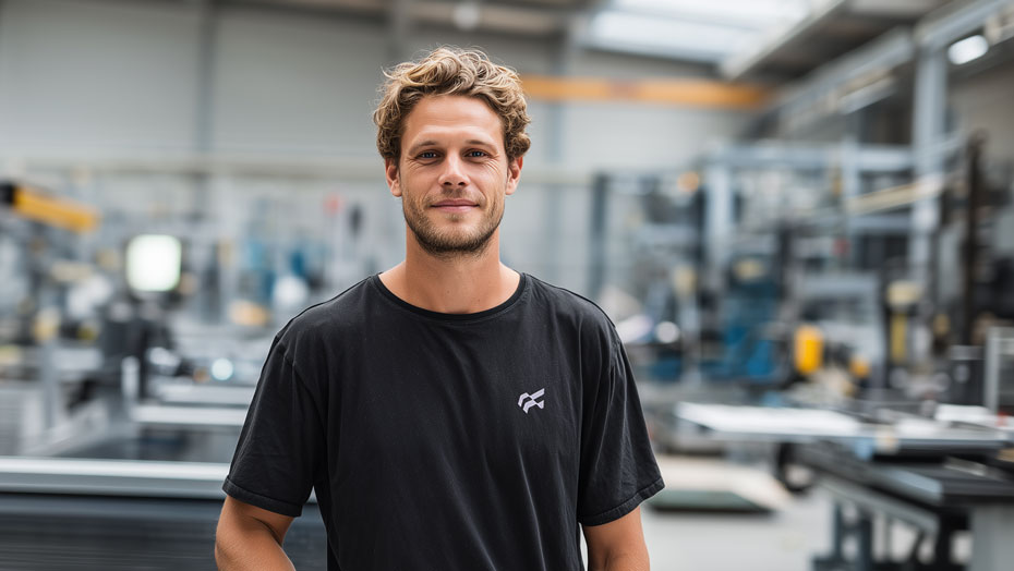 Junger Mann in schwarzem T‑Shirt steht in einer hellen Werkhalle vor Maschinen und Arbeitsplätzen für Insektenschutzsysteme.