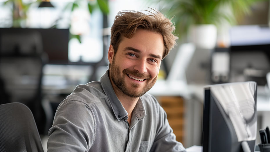 Lächelnder Mann sitzt im Büro am Schreibtisch neben einem Computerbildschirm.