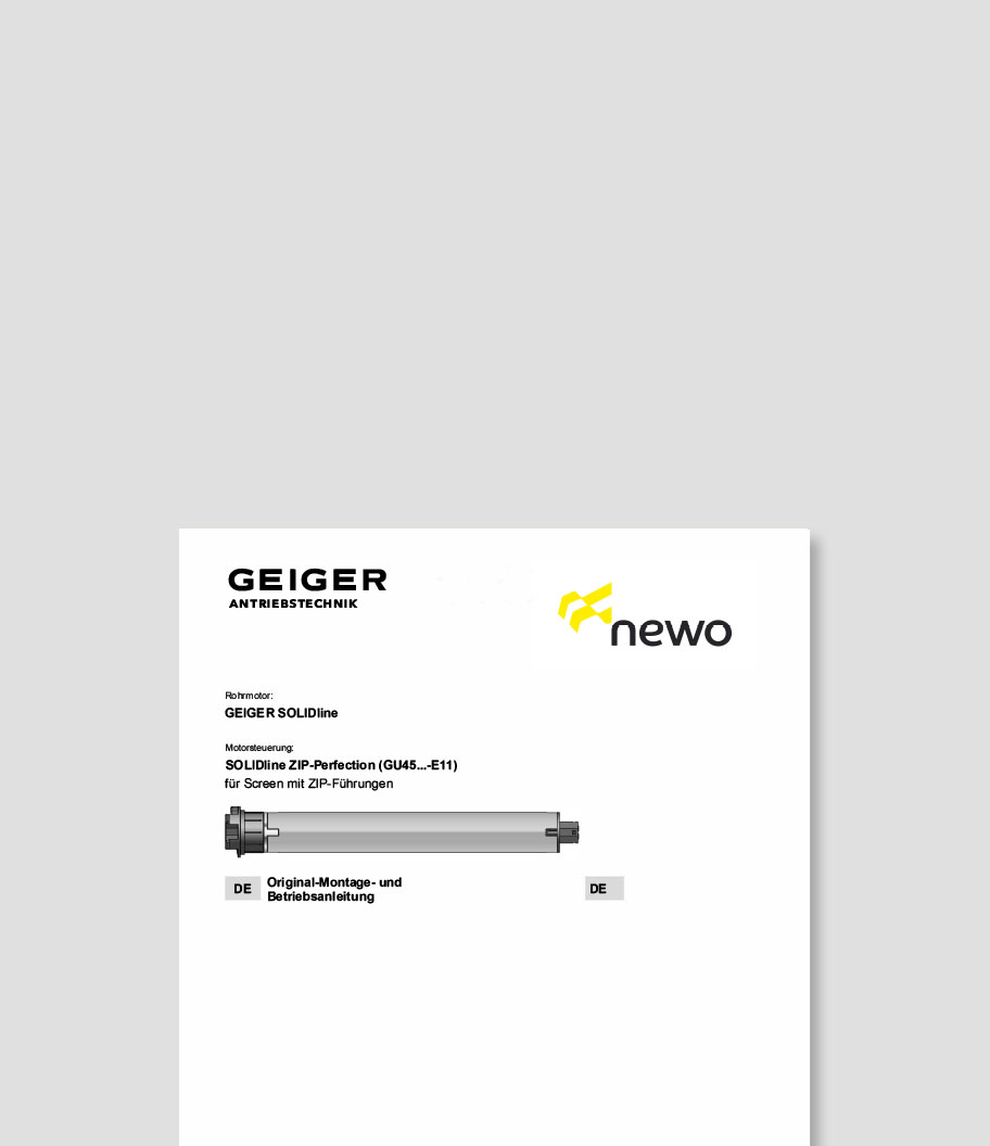 Bild eines GEIGER SOLIDline Rohrmotors mit Anweisungen zur Montage und Bedienung.