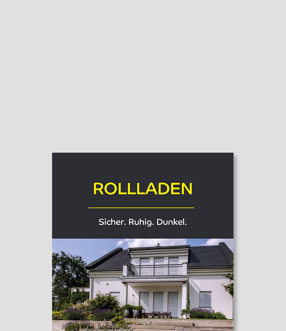 Haus mit geschlossenem Rollladen und Slogan 'Rollladen. Sicher. Ruhig. Dunkel.'