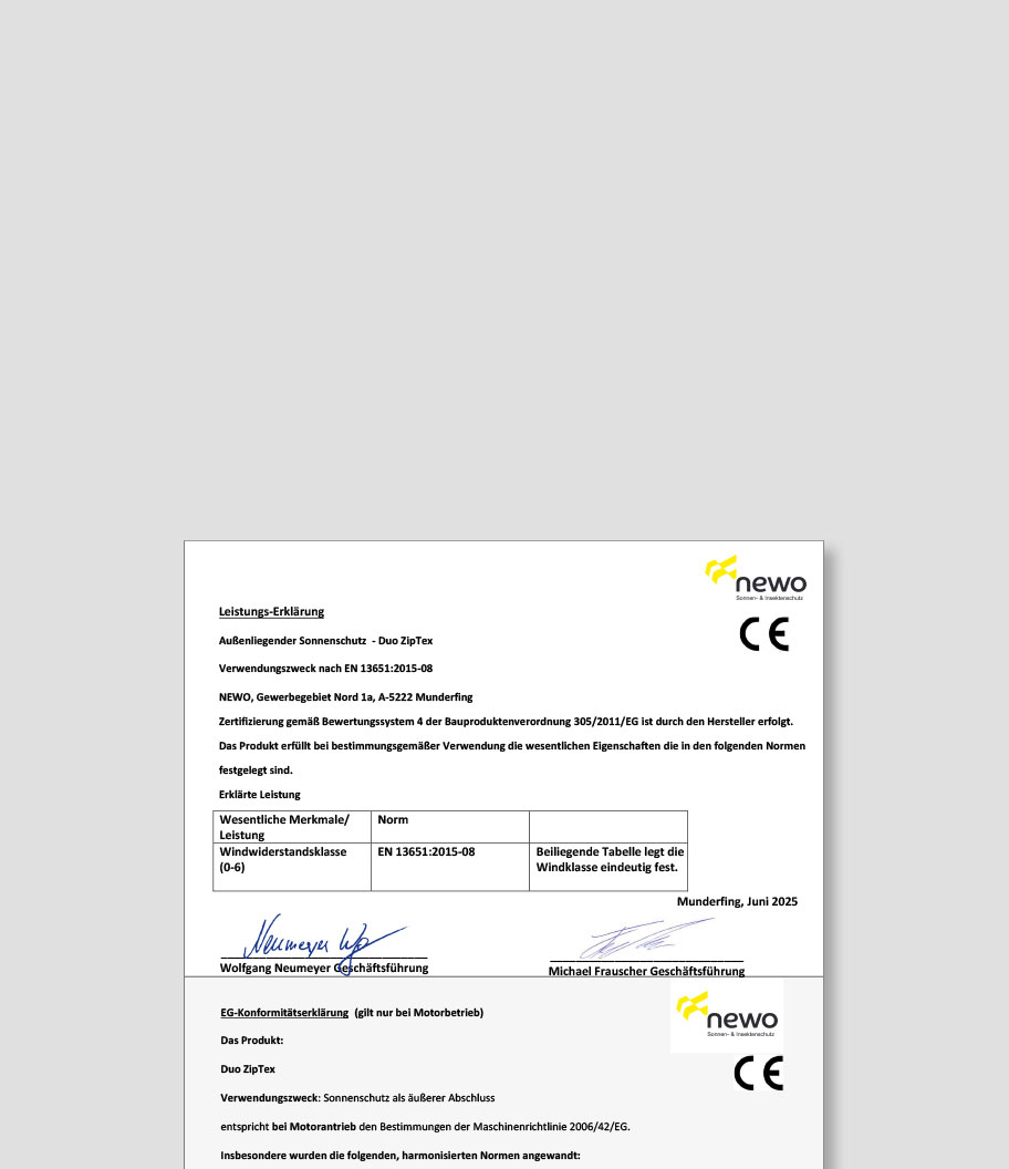 Leistungserklärung für Duo ZipTex Sonnenschutz mit Zertifizierung und Unterschriften.