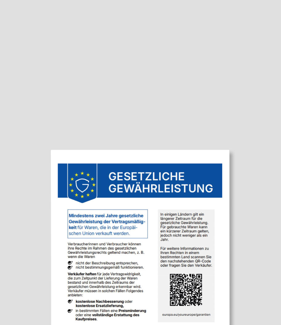 Plakat „Gesetzliche Gewährleistung“: EU-Logo, Text zu mindestens 2 Jahren Gewährleistung und QR-Code für weitere Infos.