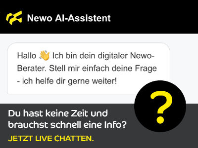 Banner „Newo AI-Assistant“ mit Text „Hallo… ich bin dein digitaler Newo-Berater…“ und Button „Jetzt live chatten“.