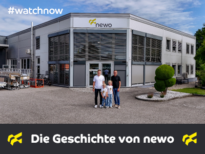 Gebäude von Newo mit vier Personen davor und Text '#watchnow' und 'Die Geschichte von newo'.
