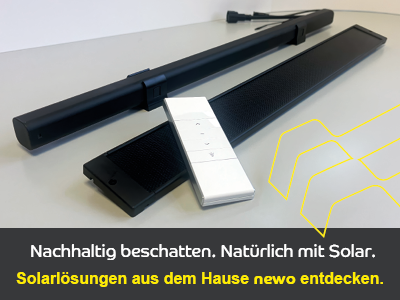 Zwei schwarze Solar-Sonnenschutzsysteme mit Fernbedienung; Werbetext zu nachhaltiger Beschattung mit Solar von newo